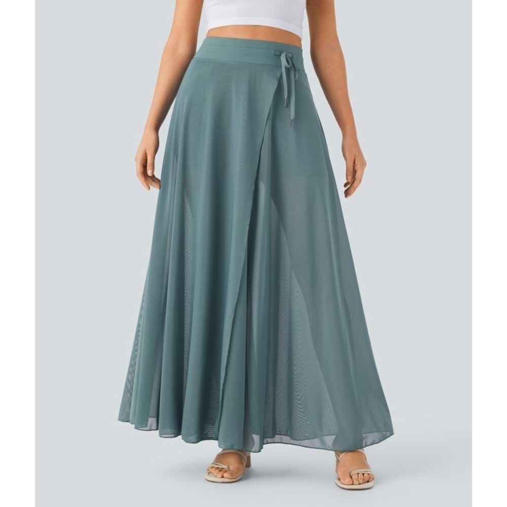 HALARA Drawstring High Waisted Mesh Flowy Maxi Flare Skirt Mineral Blue M